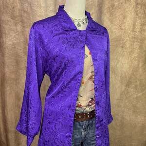 Satin Paisley Button Up Shirt Purple Brocade Blouse Vintage 80s Romantic Moods